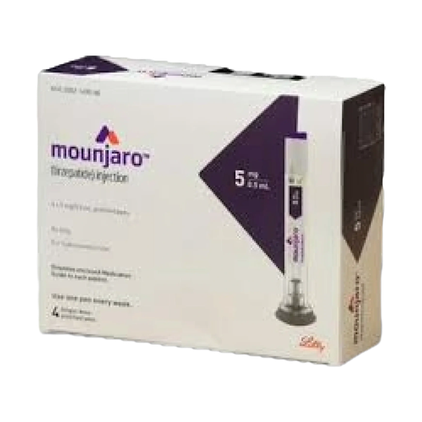 Afbeelding van een doosje met een Mounjaro pen, een injectiepen voor de behandeling van type 2 diabetes.